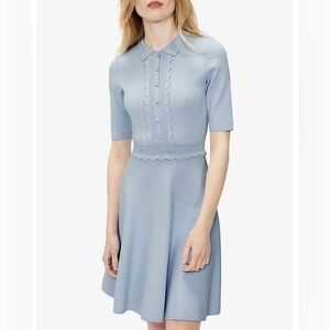 Ted Baker light blue scallop trim knit skater short sleeve mini dress 1-UK 4-US